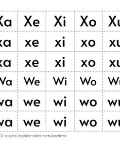 Una hoja de trabajo impresa que presenta los Recortables de Letras y Sílabas en mayúsculas y minúsculas en fuente discontinua para practicar la escritura a mano, con un ícono de tijera que indica las líneas de corte.