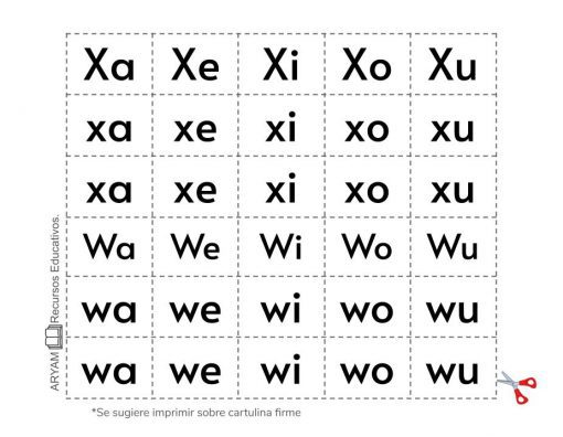 Una hoja de trabajo impresa que presenta los Recortables de Letras y Sílabas en mayúsculas y minúsculas en fuente discontinua para practicar la escritura a mano, con un ícono de tijera que indica las líneas de corte.