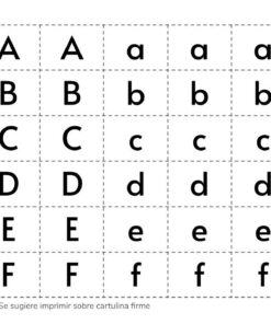 Hoja de trabajo educativa que muestra los primeros seis Recortables de Letras y Sílabas del alfabeto tanto en mayúsculas como en minúsculas, con líneas de corte punteadas y un ícono de tijeras que indica dónde cortar.