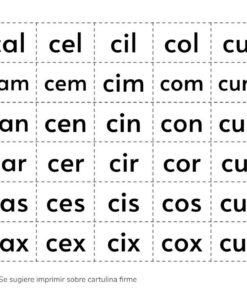 Una hoja de trabajo educativa que presenta Recortables de Letras y Sílabas con una cuadrícula de sílabas que comienzan con 