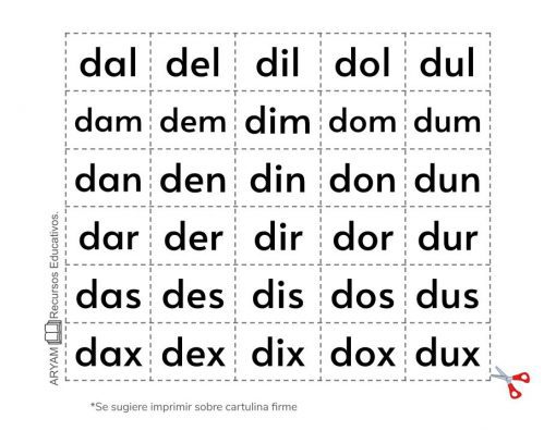 Ficha educativa con palabras de tres letras que comienzan con "d" agrupadas por diferentes sonidos vocálicos y sílabas en el medio, organizadas en formato de cuadrícula para cortar en Recortables de Letras y Sílabas.