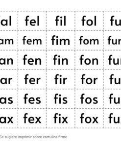 Una hoja de trabajo educativa que presenta Recortables de Letras y Sílabas, una cuadrícula de cuadrados discontinuos, cada uno de los cuales contiene una palabra española de tres letras que comienza con 