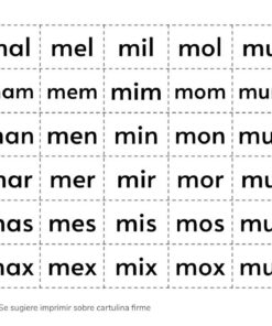 Un gráfico de Recortables de Letras y Sílabas en español con líneas de puntos para cortar, que muestra combinaciones de tres letras de 