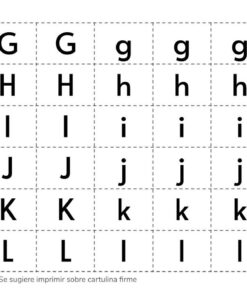 Una hoja de trabajo con filas de sílabas en mayúsculas y minúsculas de Recortables de Letras y Sílabas con líneas de puntos para cortar y un ícono de tijera que indica dónde cortar.