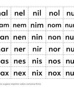 Una hoja de trabajo educativa en español que presenta varias combinaciones de sílabas de tres letras (sílabas) que comienzan con 'n' y terminan con varias vocales y consonantes, presentadas en un formato de cuadrícula con líneas discontinuas para cortar.