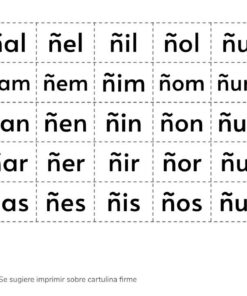 Imagen de un Recortables de Letras y Sílabas educativos impresos que presenta cuadros discontinuos con varios sílabas en español que comienzan con 
