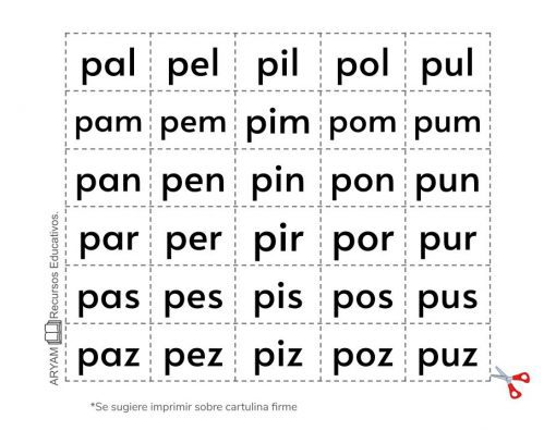 Una hoja de trabajo educativa en español que presenta sílabas con "p" combinada con diferentes vocales en un patrón de cuadrícula. Cada celda contiene una sílaba diferente como "pal", "pel", "pil", etc. Recortables de Letras y Sílabas.