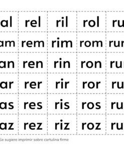 Un Recortables educativos de Letras y Sílabas que presenta sílabas en español dispuestas en combinaciones de tres letras en cuatro filas. Cada sílaba está encerrada en un cuadro discontinuo, con instrucciones impresas en la parte inferior.