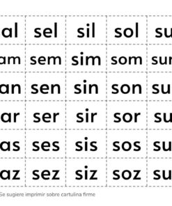 Una hoja de trabajo Recortables de Letras y Sílabas con una cuadrícula de sílabas en español con el prefijo 's' (sal, sel, sil, etc.), diseñada para ejercicios fonéticos, marcada para imprimir en cartulina firme con un ícono de tijeras que indica las líneas de corte.