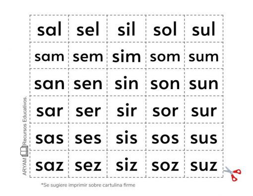 Una hoja de trabajo Recortables de Letras y Sílabas con una cuadrícula de sílabas en español con el prefijo 's' (sal, sel, sil, etc.), diseñada para ejercicios fonéticos, marcada para imprimir en cartulina firme con un ícono de tijeras que indica las líneas de corte.