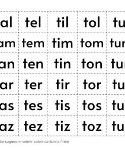 Recortables de Letras y Sílabas con sílabas de tres letras dispuestas en cuadrícula, con variaciones de 