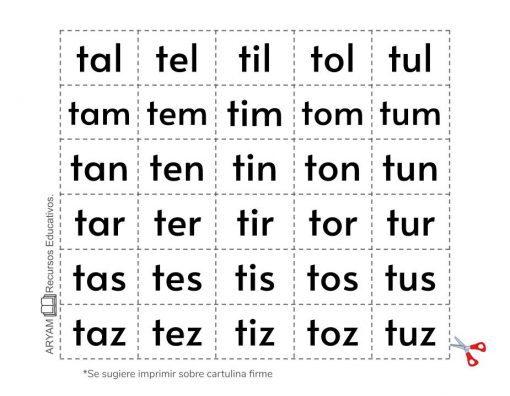 Recortables de Letras y Sílabas con sílabas de tres letras dispuestas en cuadrícula, con variaciones de "t_l" con diferentes vocales. Cada celda está delineada para cortar y hay una nota que sugiere imprimir en cartulina firme.
