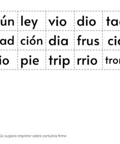 Hoja de trabajo educativa con Recortables de Letras y Sílabas para practicar el corte en español, con líneas de puntos y un ícono de tijeras, que sugiere imprimir en cartulina resistente.
