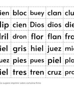 Aprendizaje del idioma español Recortables de Letras y Sílabas que presentan sílabas que forman palabras en español, segmentadas en una cuadrícula con líneas de puntos para cortar y una nota que sugiere imprimir en cartulina firme.