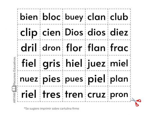 Aprendizaje del idioma español Recortables de Letras y Sílabas que presentan sílabas que forman palabras en español, segmentadas en una cuadrícula con líneas de puntos para cortar y una nota que sugiere imprimir en cartulina firme.