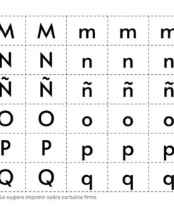 Hoja imprimible con diseño cuadriculado que presenta los Recortables de Letras y Sílabas de M a Q en mayúsculas y minúsculas dispuestos en celdas separadas, con recomendación de imprimir en cartulina firme y un ícono de tijera que indica las líneas de corte.