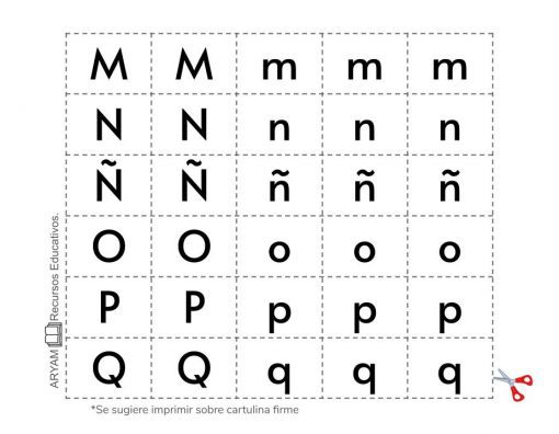 Hoja imprimible con diseño cuadriculado que presenta los Recortables de Letras y Sílabas de M a Q en mayúsculas y minúsculas dispuestos en celdas separadas, con recomendación de imprimir en cartulina firme y un ícono de tijera que indica las líneas de corte.