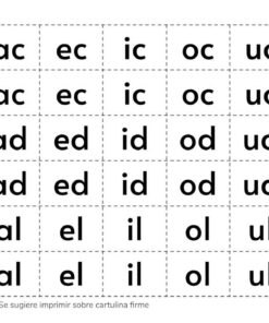Un cuadro de Recortables de Letras y Sílabas en español con combinaciones de dos letras de 'ac' a 'ul' en formato de cuadrícula, que sugiere impresión en cartulina firme, con un logotipo y un ícono de tijeras que indican las líneas de corte.