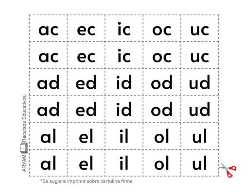 Un cuadro de Recortables de Letras y Sílabas en español con combinaciones de dos letras de 'ac' a 'ul' en formato de cuadrícula, que sugiere impresión en cartulina firme, con un logotipo y un ícono de tijeras que indican las líneas de corte.