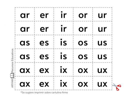 Hoja de trabajo educativo de Recortables de Letras y Sílabas en una cuadrícula, cada celda con un par de sílabas diferente que termina en "r", "s" y "x". El texto en la parte inferior sugiere imprimir en cartulina resistente.