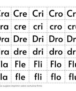 Una hoja de trabajo educativa en español con cuadrículas que contienen sílabas que comienzan con 'Cr', 'Dr', 'Fr', 'Gr', 'Pr', 'Tr' para ayudar a desarrollar habilidades de alfabetización, con una nota que sugiere imprimir en cartulina firme, Recortables de Letras y Sílabas.