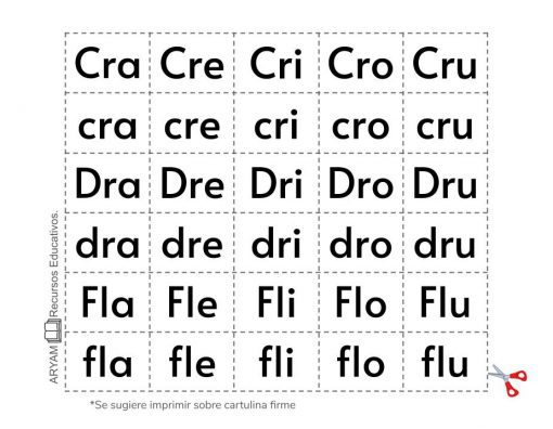 Una hoja de trabajo educativa en español con cuadrículas que contienen sílabas que comienzan con 'Cr', 'Dr', 'Fr', 'Gr', 'Pr', 'Tr' para ayudar a desarrollar habilidades de alfabetización, con una nota que sugiere imprimir en cartulina firme, Recortables de Letras y Sílabas.