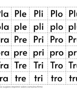 Cuadro Recortables de Letras y Sílabas que presenta combinaciones de la letra 'P' con las cinco vocales y la letra 'T' con las cinco vocales, organizadas en cuadrícula, lo que sugiere impresión en cartulina.