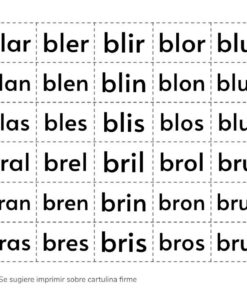 La imagen muestra un cuadro con diferentes combinaciones de Recortables de Letras y Sílabas en español, presentados en formato de cuadrícula. Cada combinación de sílabas sigue patrones como 