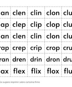 Recortables de Letras y Sílabas que muestran varias sílabas en una cuadrícula, cada una de las cuales varía en una letra, como 