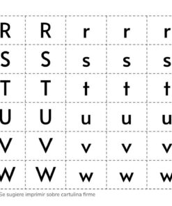 Una hoja de trabajo educativa que presenta contornos punteados de las letras mayúsculas y minúsculas R, S, T, U, V y W para practicar la escritura a mano y formar sílabas, con un ícono de tijera que indica una actividad recortada.