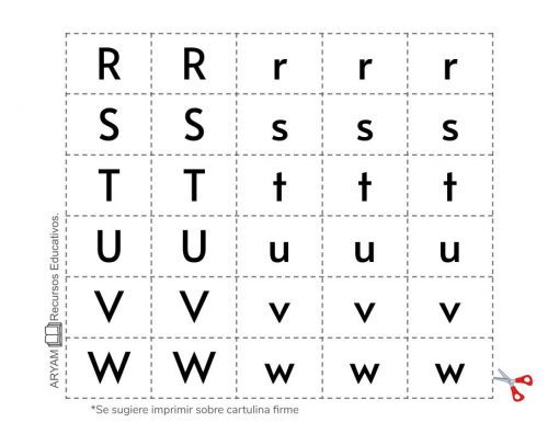 Una hoja de trabajo educativa que presenta contornos punteados de las letras mayúsculas y minúsculas R, S, T, U, V y W para practicar la escritura a mano y formar sílabas, con un ícono de tijera que indica una actividad recortada.