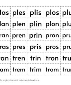 Esta imagen muestra Recortables de Letras y Sílabas con sílabas en un patrón de cuadrícula discontinua. Cada fila muestra variaciones de sílabas que comienzan con 'pl-', 'pr-' y 'tr-' que terminan en las vocales a, e, i, o, u, que se recortarán a lo largo de líneas de puntos.
