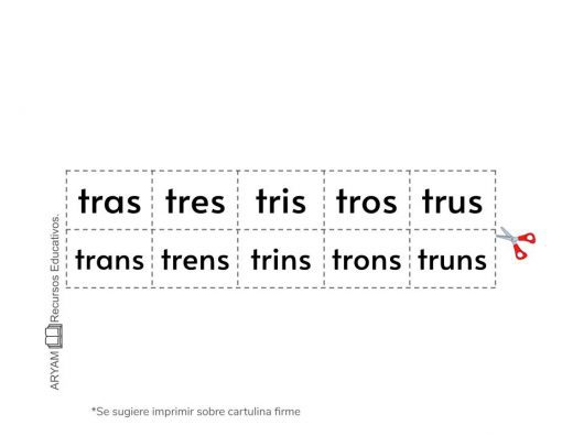 Imagen de un Recortables de Letras y Sílabas con sílabas en español en cuadros discontinuos listos para cortar: "tras", "tres", "tris", "tros", "trus", "trans", "trens", "trins". "trons, truns" con un ícono de tijeras que indica dónde cortar