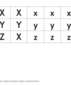 Ilustración de Recortables de Letras y Sílabas, una hoja de actividades recortable imprimible con líneas de puntos que forman cuadros, cada uno de los cuales contiene sílabas X, Y y Z, y un icono de un par de tijeras que indica dónde cortar.