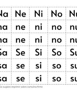 Recortables de Letras y Sílabas que presentan combinaciones de dos letras que comienzan con 'N' y 'S' impresas en mayúsculas y minúsculas, cortadas en cuadrados, con un ícono de tijera que indica las líneas de corte y una nota que sugiere imprimir en cartulina firme.