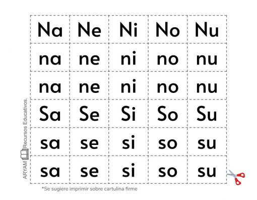 Recortables de Letras y Sílabas que presentan combinaciones de dos letras que comienzan con 'N' y 'S' impresas en mayúsculas y minúsculas, cortadas en cuadrados, con un ícono de tijera que indica las líneas de corte y una nota que sugiere imprimir en cartulina firme.