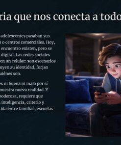 Taller “Uso y Manejo de Redes Sociales en Adolescentes” 7 Un adolescente animado se sienta en un sofá por la noche, sonriendo mientras mira su teléfono. Un texto en español a su lado habla de cómo las redes sociales conectan a las personas e influyen en la identidad, la amistad y la dinámica familiar.