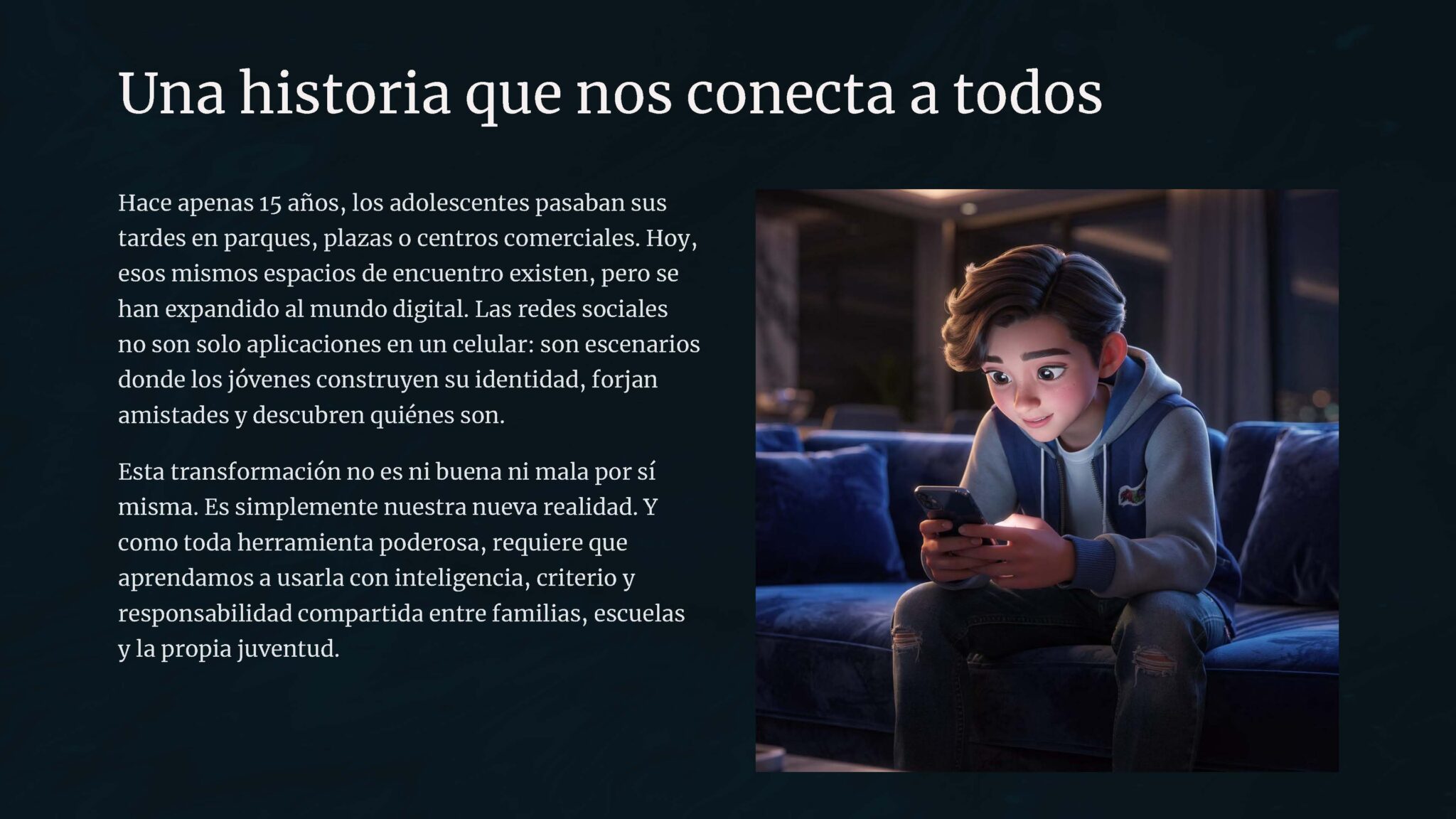 Taller “Uso y Manejo de Redes Sociales en Adolescentes” 4 Un adolescente animado se sienta en un sofá por la noche, sonriendo mientras mira su teléfono. Un texto en español a su lado habla de cómo las redes sociales conectan a las personas e influyen en la identidad, la amistad y la dinámica familiar.