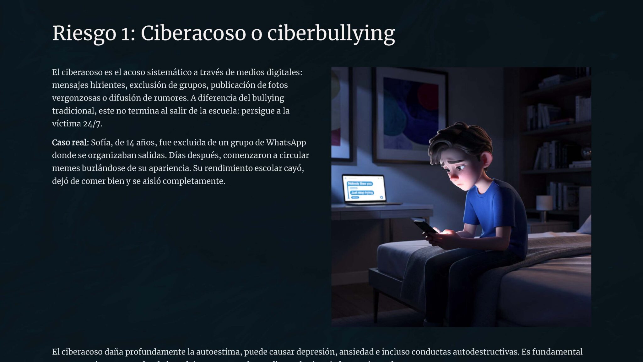 Taller “Uso y Manejo de Redes Sociales en Adolescentes” 2 Un joven se sienta solo en su cama por la noche, iluminado por la pantalla de su teléfono, con aspecto triste. Detrás de ellos, un ordenador está encendido, acentuando una atmósfera de aislamiento y preocupación por el ciberacoso.