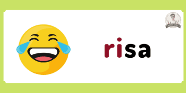 Un emoji riendo con lágrimas de alegría junto a la palabra "risa" escrita en letras de colores sobre un fondo blanco con un borde verde claro.