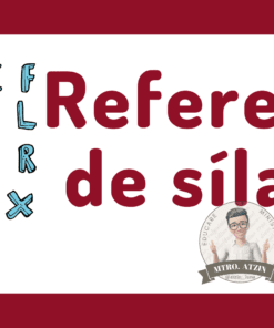 Fondo blanco con letras mayúsculas azules escritas a mano a la izquierda y un gran texto rojo a la derecha que dice "Referentes de sílabas". En la parte inferior derecha aparece un logotipo circular con el dibujo de una persona y "Mitzi Atzin".