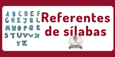 Fondo blanco con letras mayúsculas azules escritas a mano a la izquierda y un gran texto rojo a la derecha que dice "Referentes de sílabas". En la parte inferior derecha aparece un logotipo circular con el dibujo de una persona y "Mitzi Atzin".