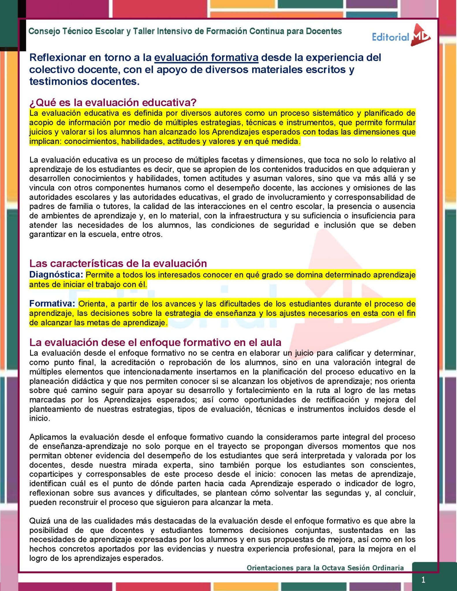 Tema 5 Contestado: Evaluación formativa CTE NEM 2025 - 2026 (Todos los Niveles) 15 Documento educativo en español que explica la evaluación formativa, su definición, las preguntas clave y su importancia, con secciones resaltadas, iconos y un cuadro de texto amarillo que destaca el valor de las diversas estrategias de evaluación.