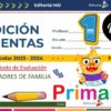 Una colorida diapositiva de presentación académica con texto en español que detalla una reunión de padres de estudiantes de primer grado en el tercer período de evaluación del año escolar 2023-2024. Incluye una lectura de un cerdo de dibujos animados, útiles escolares y una imagen de celebración con "Primaria".
