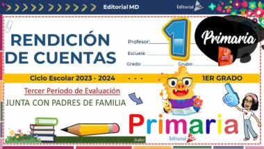 Una colorida diapositiva de presentación académica con texto en español que detalla una reunión de padres de estudiantes de primer grado en el tercer período de evaluación del año escolar 2023-2024. Incluye una lectura de un cerdo de dibujos animados, útiles escolares y una imagen de celebración con "Primaria".