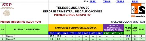 Una hoja de cálculo colorida titulada "Reporte Trimestral de Calificaciones" que muestra los nombres, materias y calificaciones de los estudiantes. Incluye logotipos de la SEP y "Telesecundaria" con borde azul y naranja. Control de calificaciones en Excel para Telesecundaria.