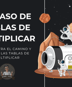 Ilustración de astronautas y una estación espacial en un planeta rocoso con asteroides y planetas. Texto en español: "Repaso de tablas de multiplicar. Encuentra el camino y repasa las tablas de multiplicar.