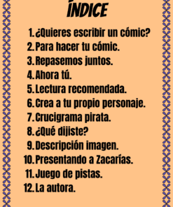 Página de color canela con borde azul titulado "Índice". Enumera doce temas numerados relacionados con el cómic en español, como escribir un cómic, crear personajes y rompecabezas.