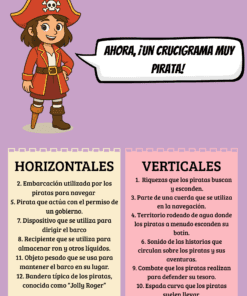 Una pirata sonriente con sombrero rojo y ropa típica sostiene un cartel que dice: 