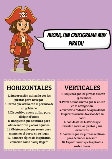 Una pirata sonriente con sombrero rojo y ropa típica sostiene un cartel que dice: "¡Ahora, un crucigrama muy pirata!". Debajo, están las pistas horizontales y verticales para un crucigrama sobre piratas.